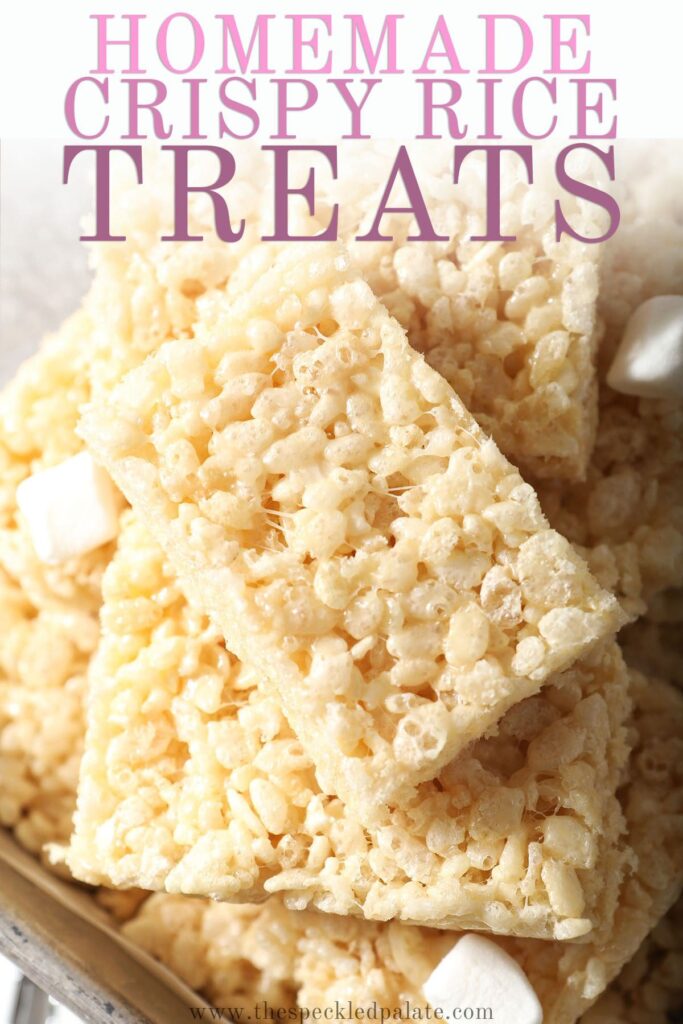 A stack of rice krispie treats on top of each other with the text homemade crispy rice treats