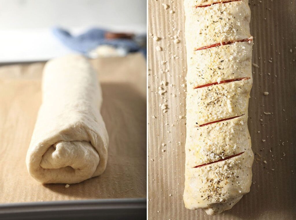 Collage showing a homemade stromboli before baking