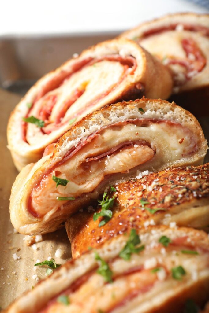 Close up of homemade stromboli slices