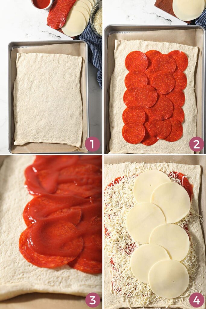 Collage showing how to layer filling inside a homemade stromboli