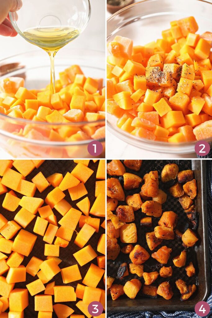 Collage showing how to roast cubed butternut squash