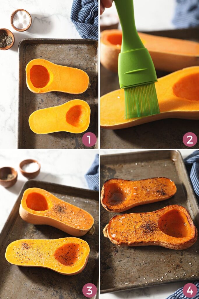 Collage showing how to roast halved butternut squash