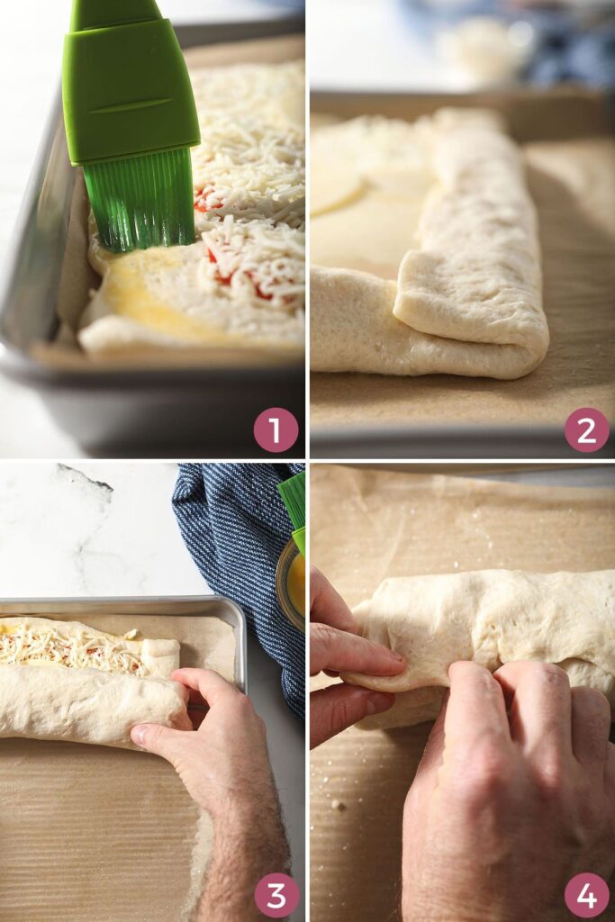 Collage showing how to roll a homemade stromboli