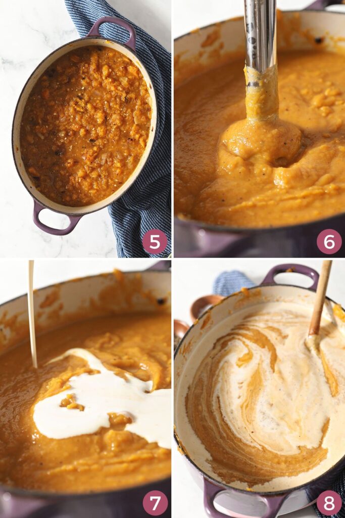 Collage showing how to blend and finalize Butternut Squash Soup