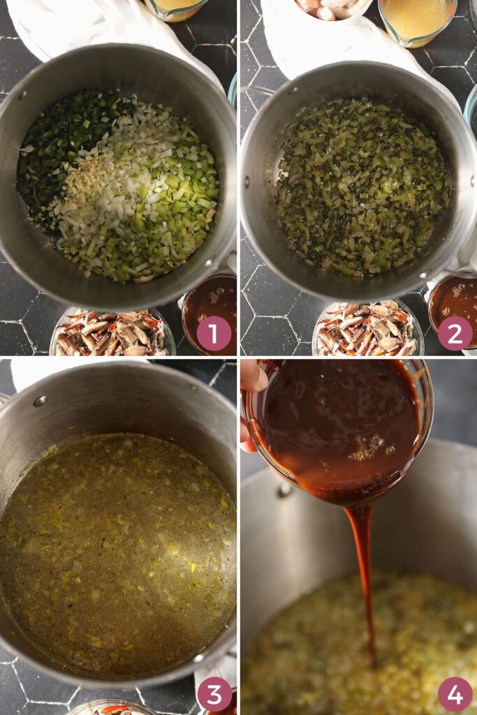 Collage showing how to make the broth for seafood gumbo