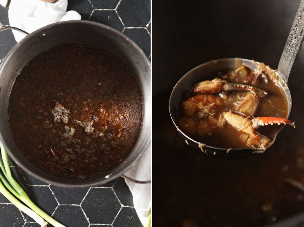 Collage showing the final gumbo and ingredients in a ladle