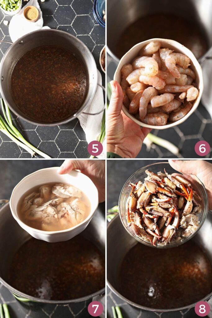 Collage showing how to add the seafood to gumbo