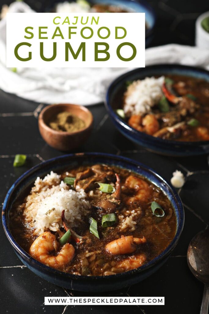 Two bowls of gumbo with rice with the text cajun seafood gumbo