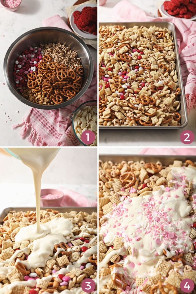 Collage showing how to make Valentine's Day White Chocolate Chex Mix