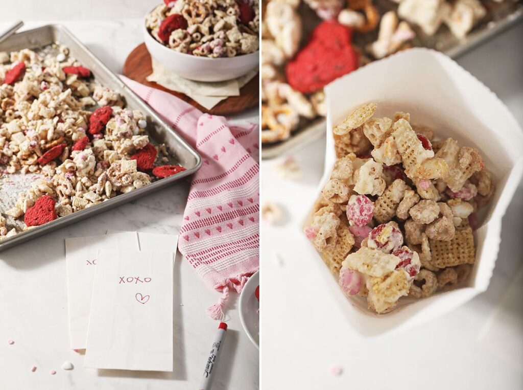 Collage showing how to package up Valentine's Day snack mix in individual bags