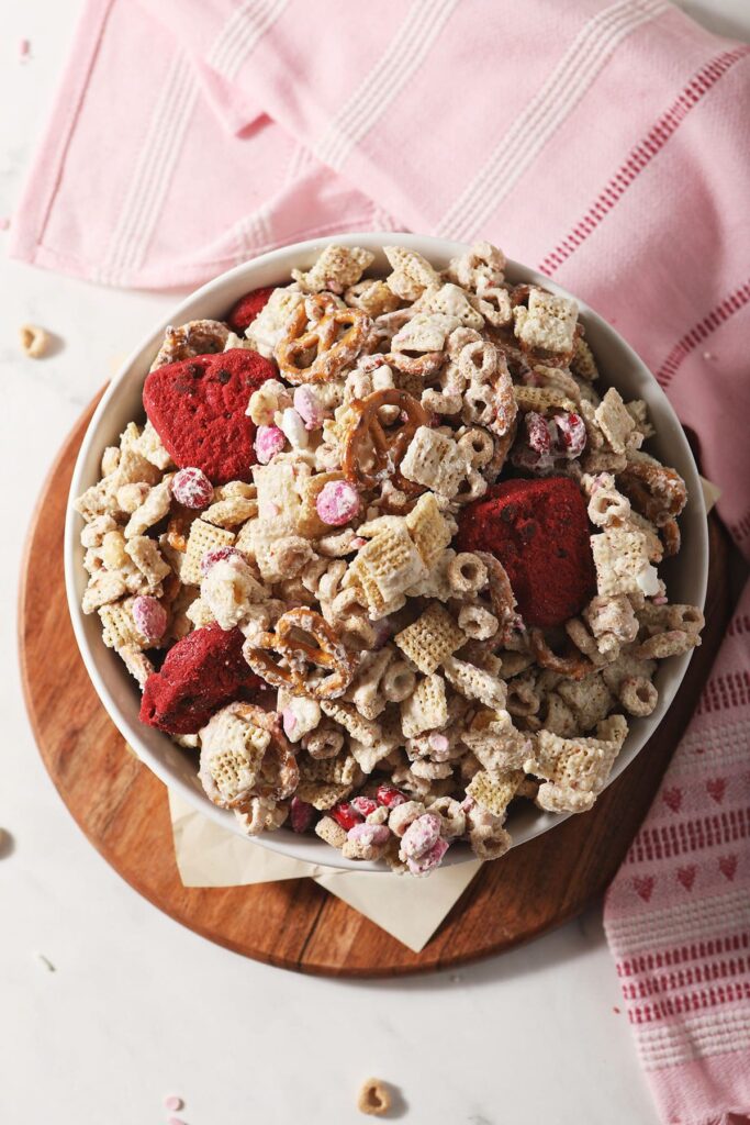 A bowl of Valentine's Day sweet Chex Mix from above