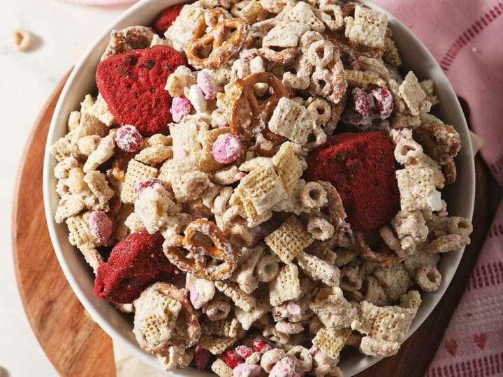 A bowl of Valentine's Day sweet Chex Mix from above
