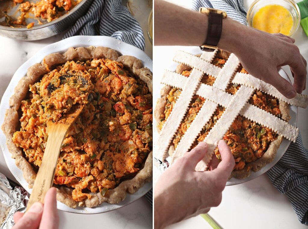 Collage showing how to assemble a savory pie with crawfish