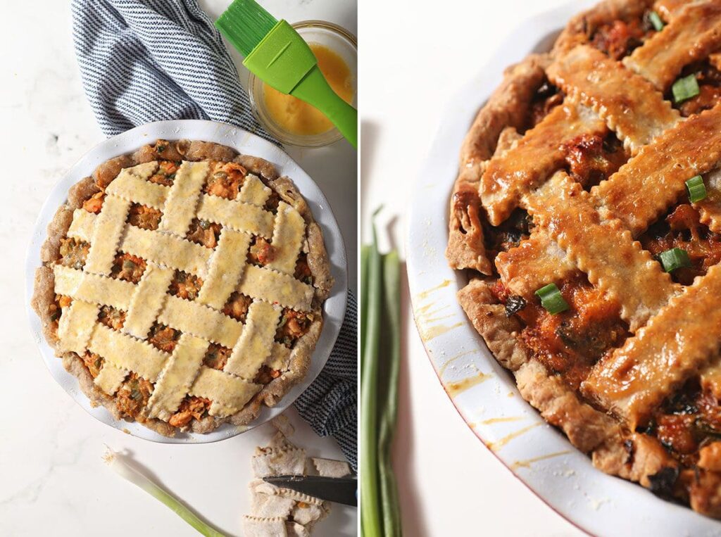 A collage showing a crawfish pie before and after baking