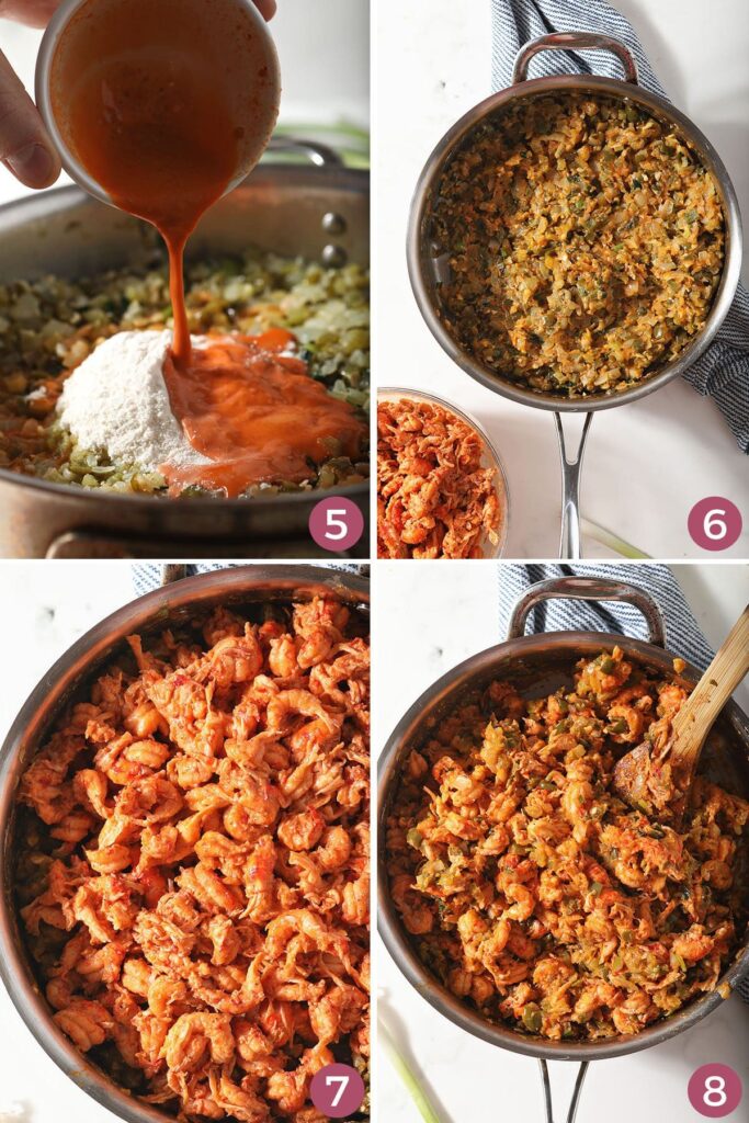 Collage showing how to cook crawfish for pie filling