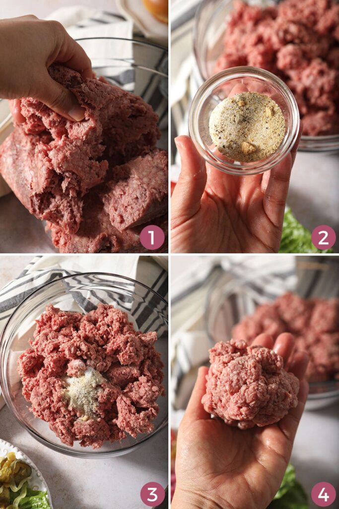 Collage showing how to mix hamburger patties