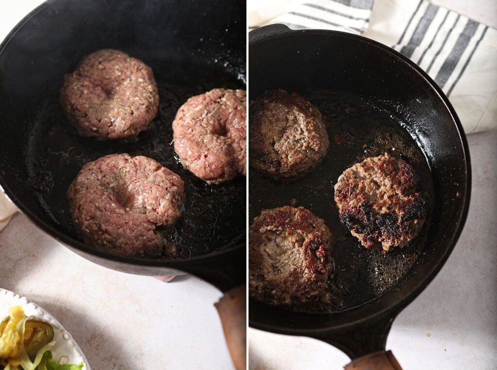 Collage showing how to pan fry burgers