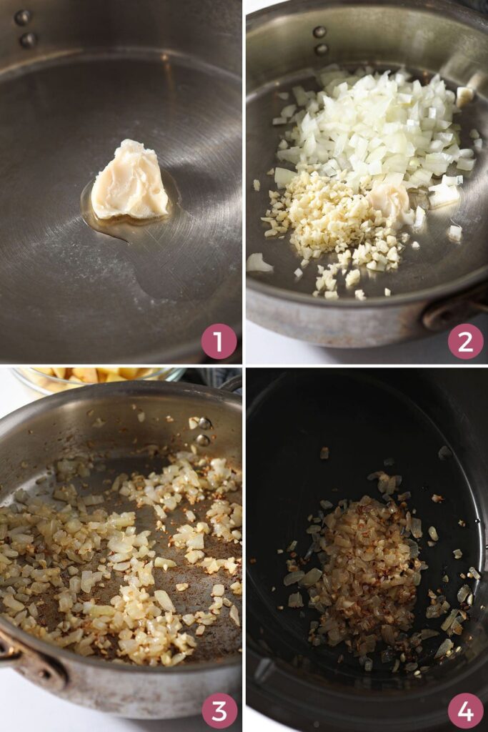 Collage showing how to cook the onion and garlic in bacon fat