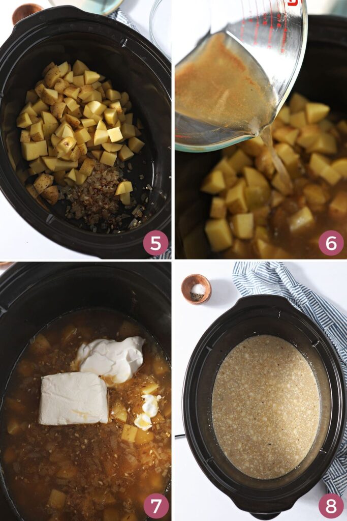 Collage showing how to assemble the potato soup in the slow cooker