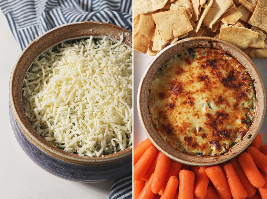 Collage showing a hot cheesy spinach dip before and after baking