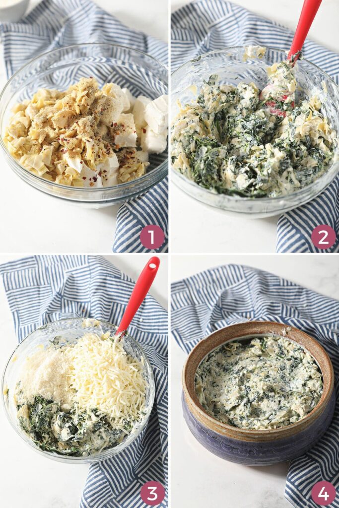 Collage showing how to mix and bake Spinach Artichoke Dip