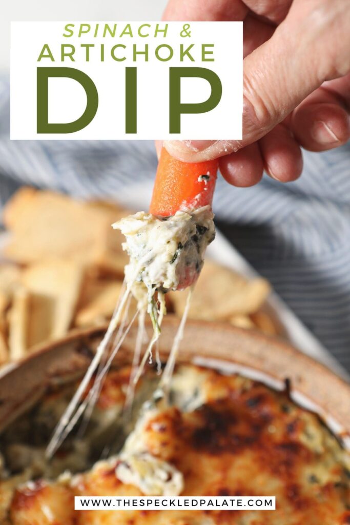 A carrot scoops up hot spinach dip with the text Spinach & Artichoke Dip