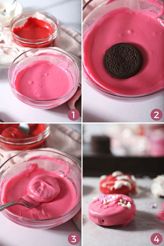 Collage showing how to dip Oreo cookies in candy melts for Valentine's Day