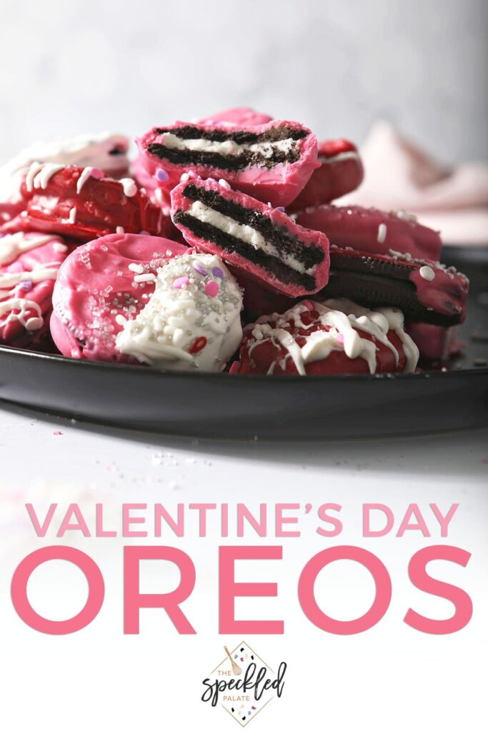 A plate of pink, red and white Oreos with the text Valentine's Day Oreos