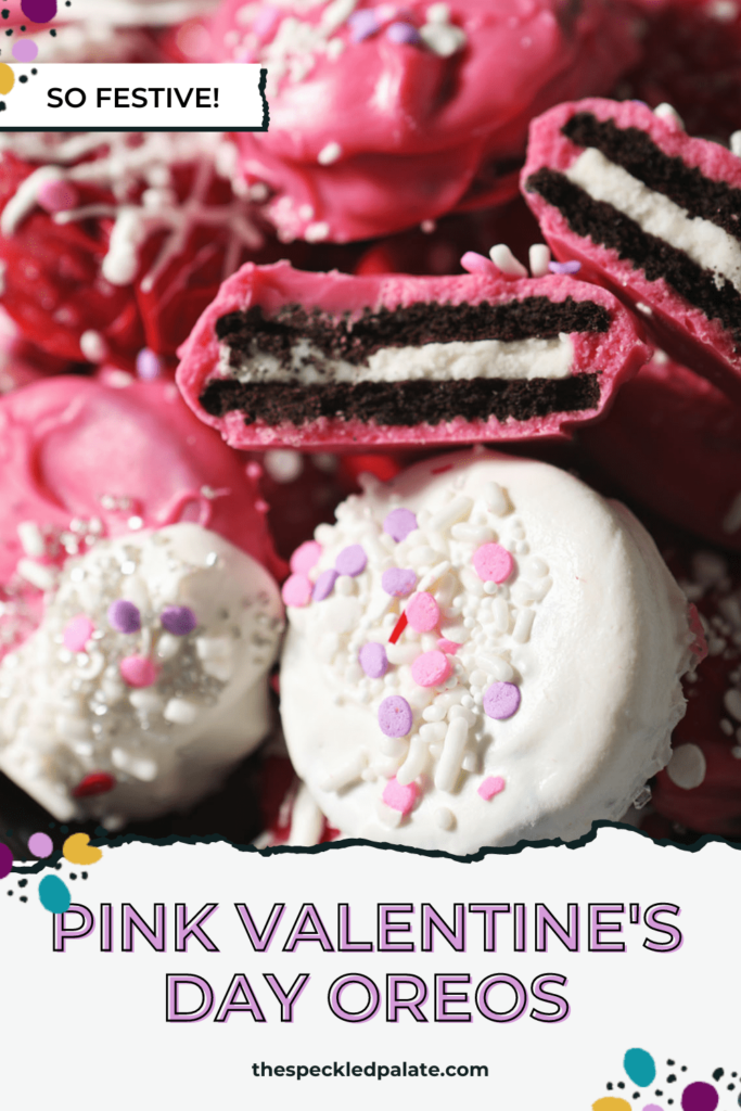 Red, white and pink Oreos stacked with the text Pink Valentine's Day Oreos