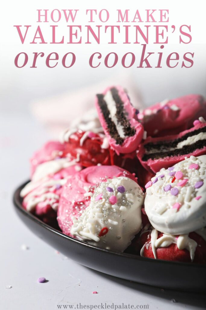 A plate of pink, red and white dipped Oreos with the text how to make Valentine's Day Oreo cookies