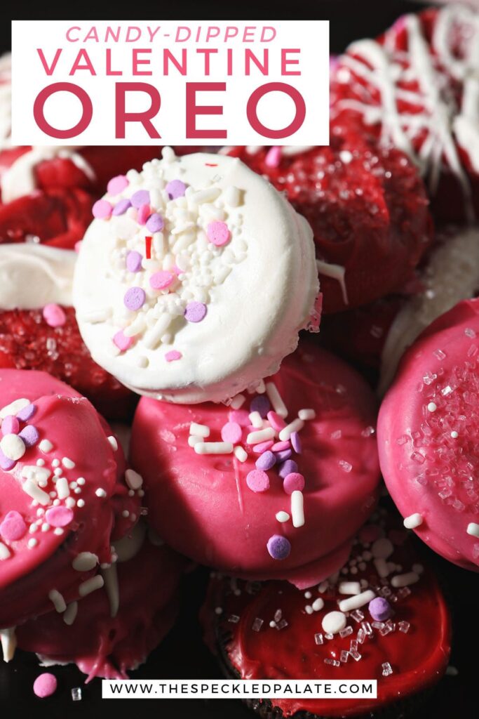 Stacked pink, red and white Oreos with the text Candy-Dipped Valentine Oreo