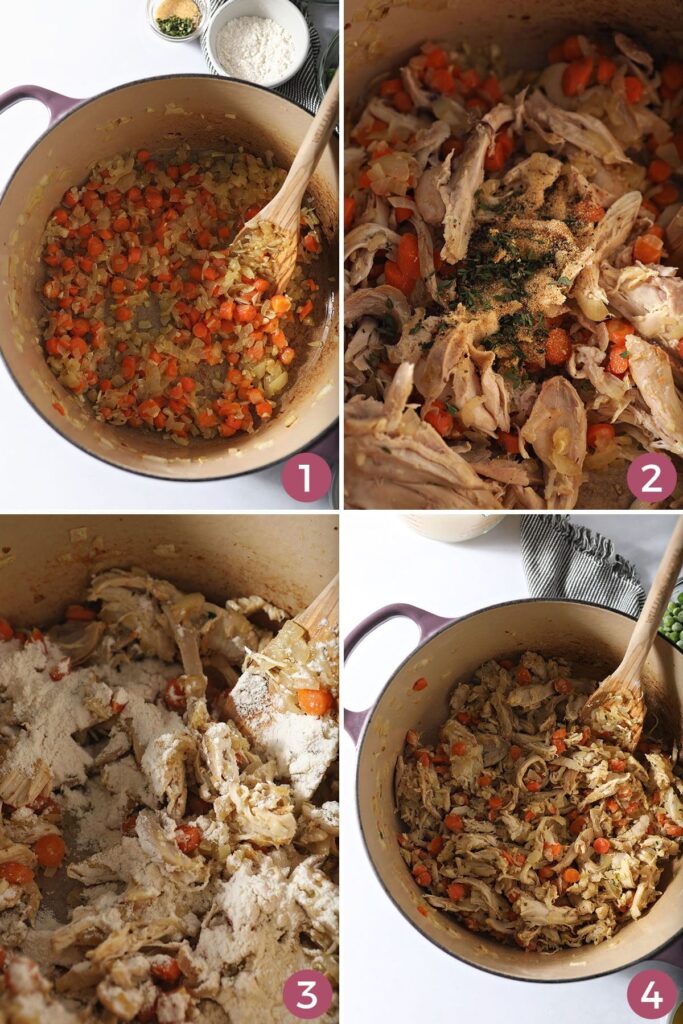 Collage showing how to make the soup base for chicken and dumplings