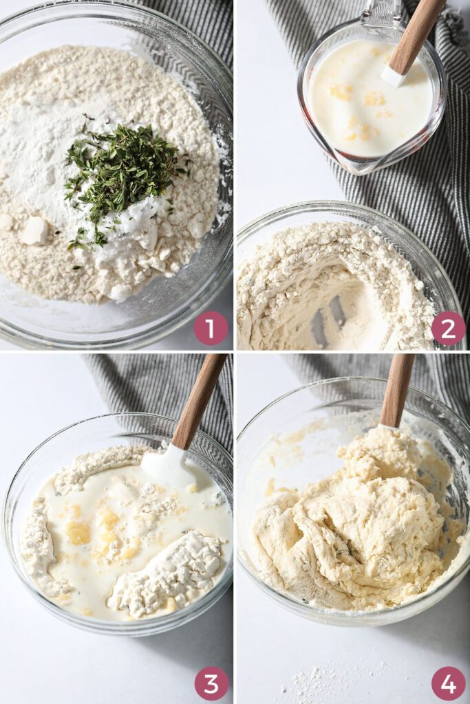 Collage showing how to mix herb dumplings in a bowl