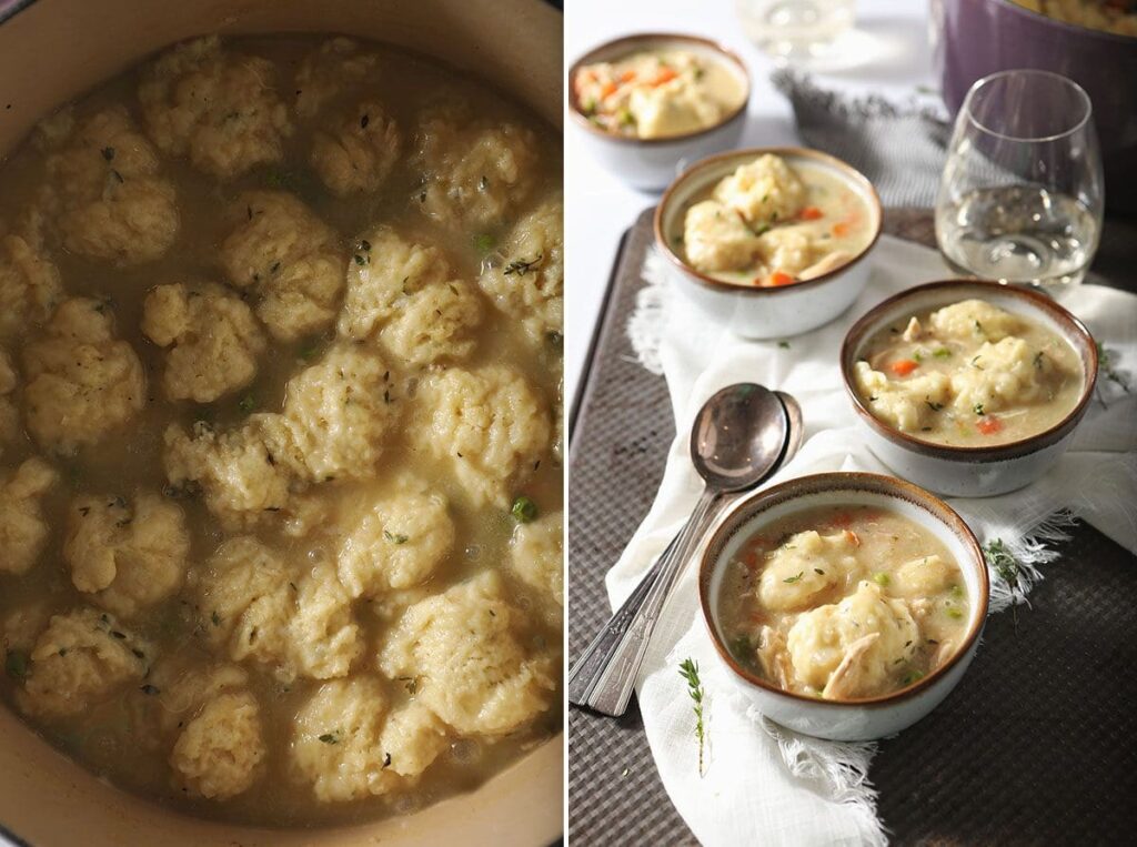 Collage showing dumplings in a pot and four bowls of Chicken and Dumplings on a tabletop