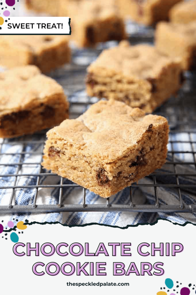 A wire cooling rack with sliced cookie bars on it with the text Chocolate Chip Cookie Bars