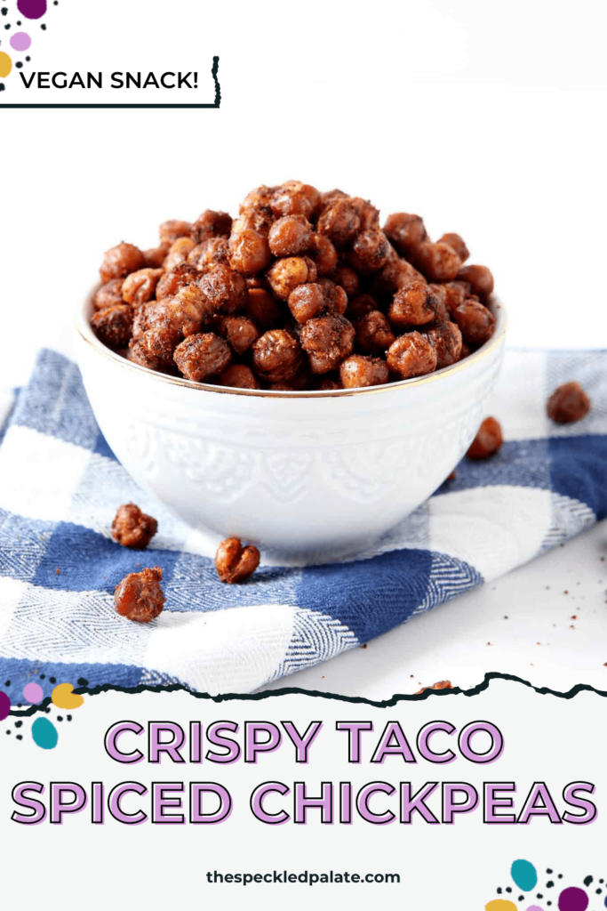 A white bowl of crispy chickpeas on a blue and white buffalo check napkin with the text Crispy Taco Spiced Chickpeas