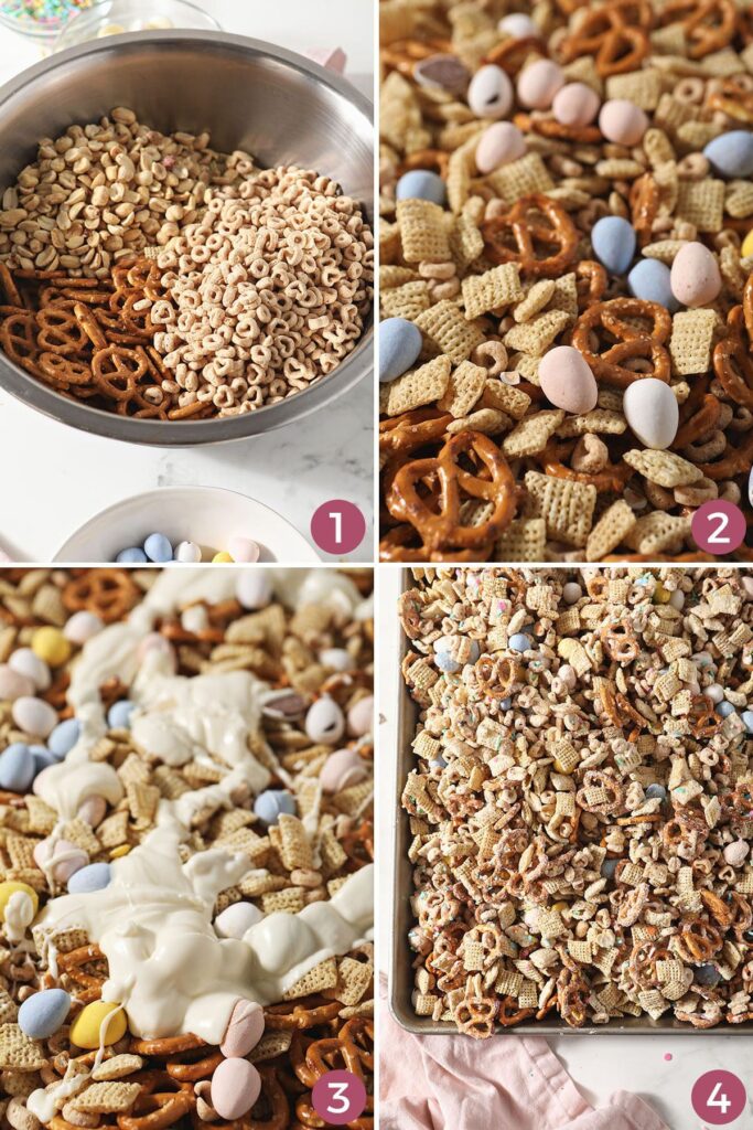 Collage showing how to mix ingredients to make Easter Chex Mix