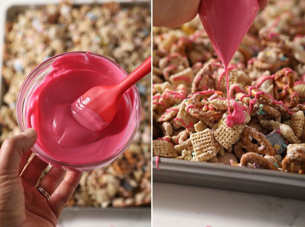 Collage showing pink candy melts in a bowl and them being drizzled on top of a sweet Chex mix recipe