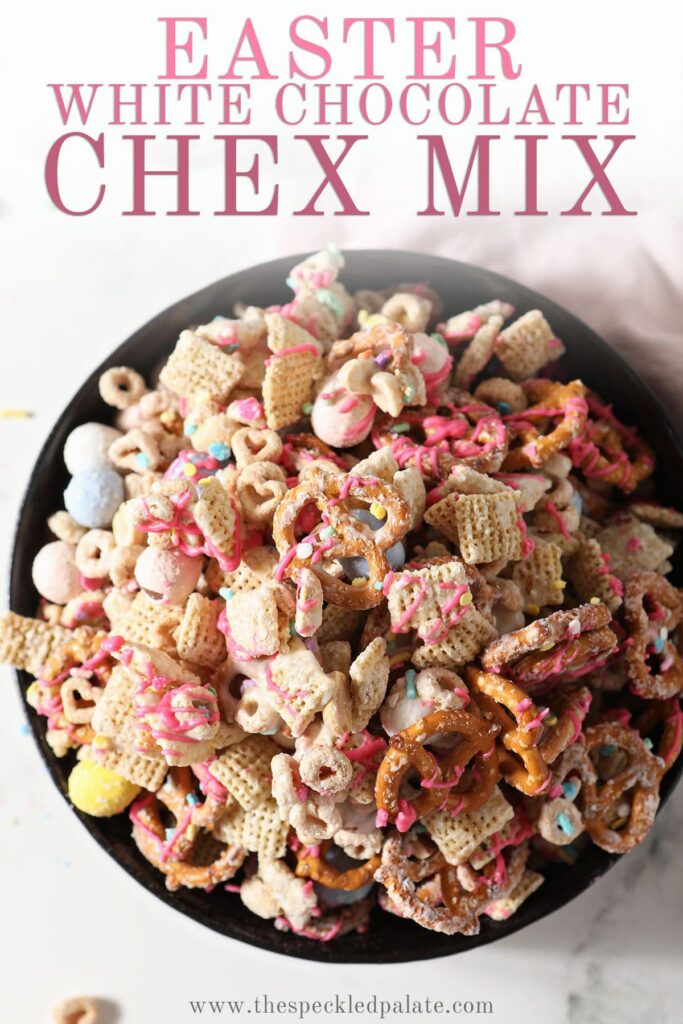 A bowl of sweet chex mix with the text Easter White Chocolate Chex Mix