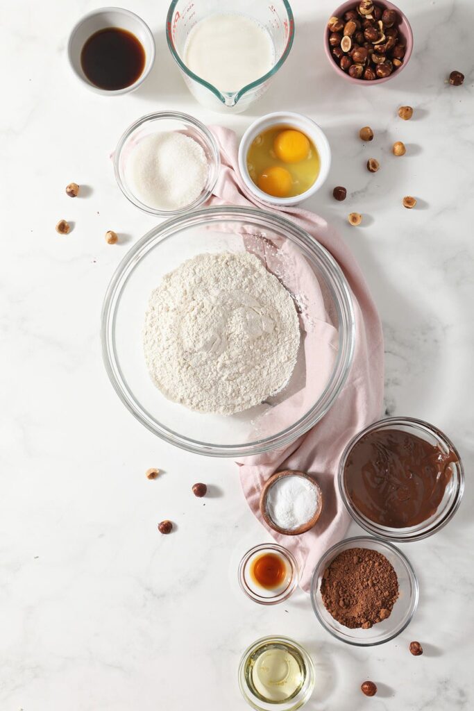 Ingredients to make homemade chocolate hazelnut pancakes