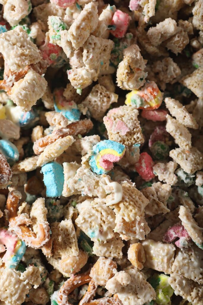 Close up of White Chocolate Chex Mix with Lucky Charms