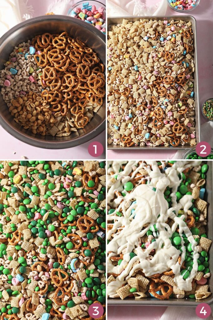 Collage showing how to put together a St. Patrick's Day Snack Mix in a pan