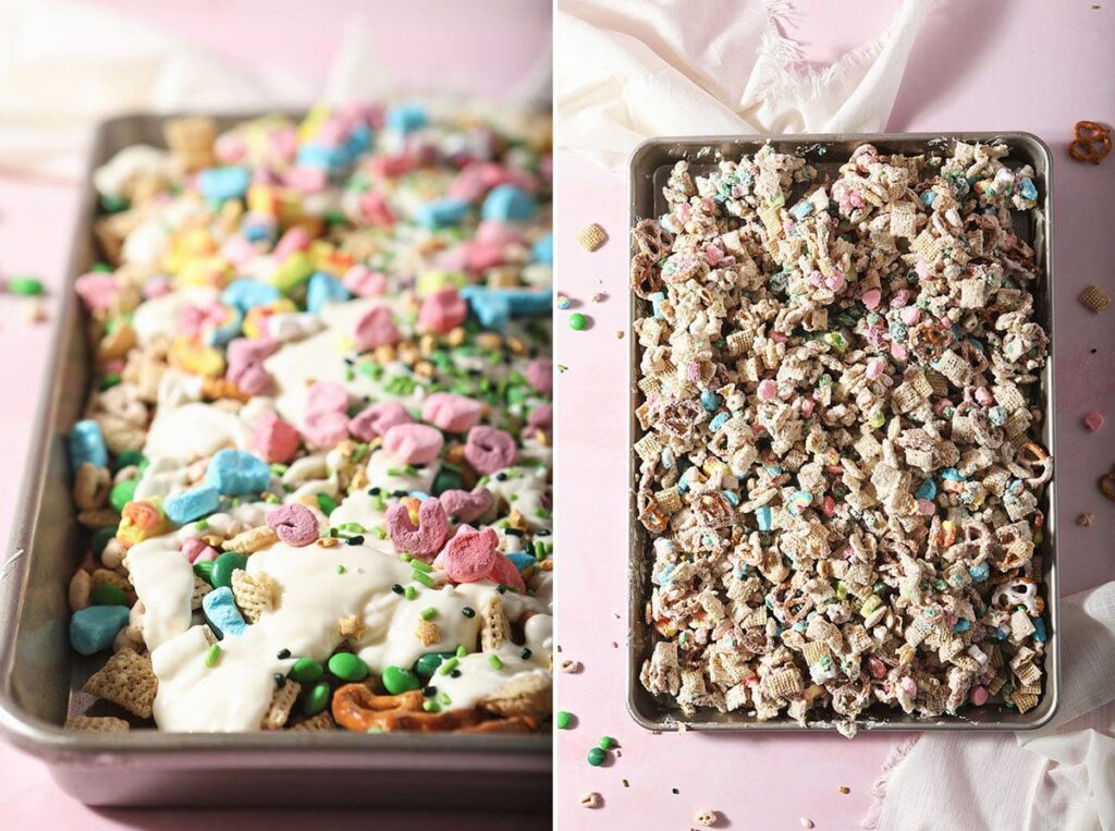 Collage showing the final White Chocolate Chex Mix for St. Patrick's Day in a pan