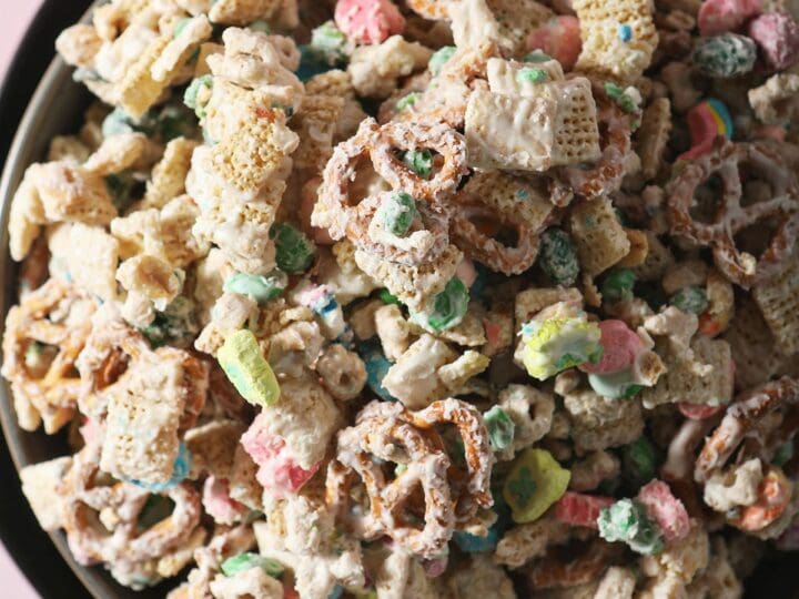 A bowl of St. Patrick's Day Snack Mix on a black plate