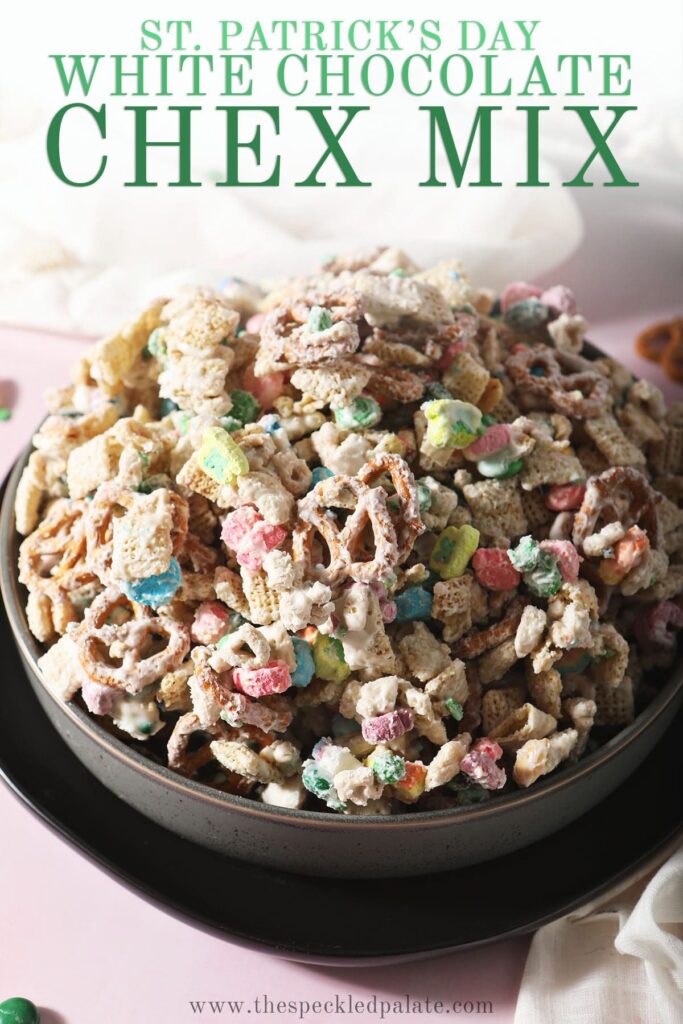 A bowl of St. Patrick's Day snack mix with the text St. Patrick's Day white chocolate Chex mix