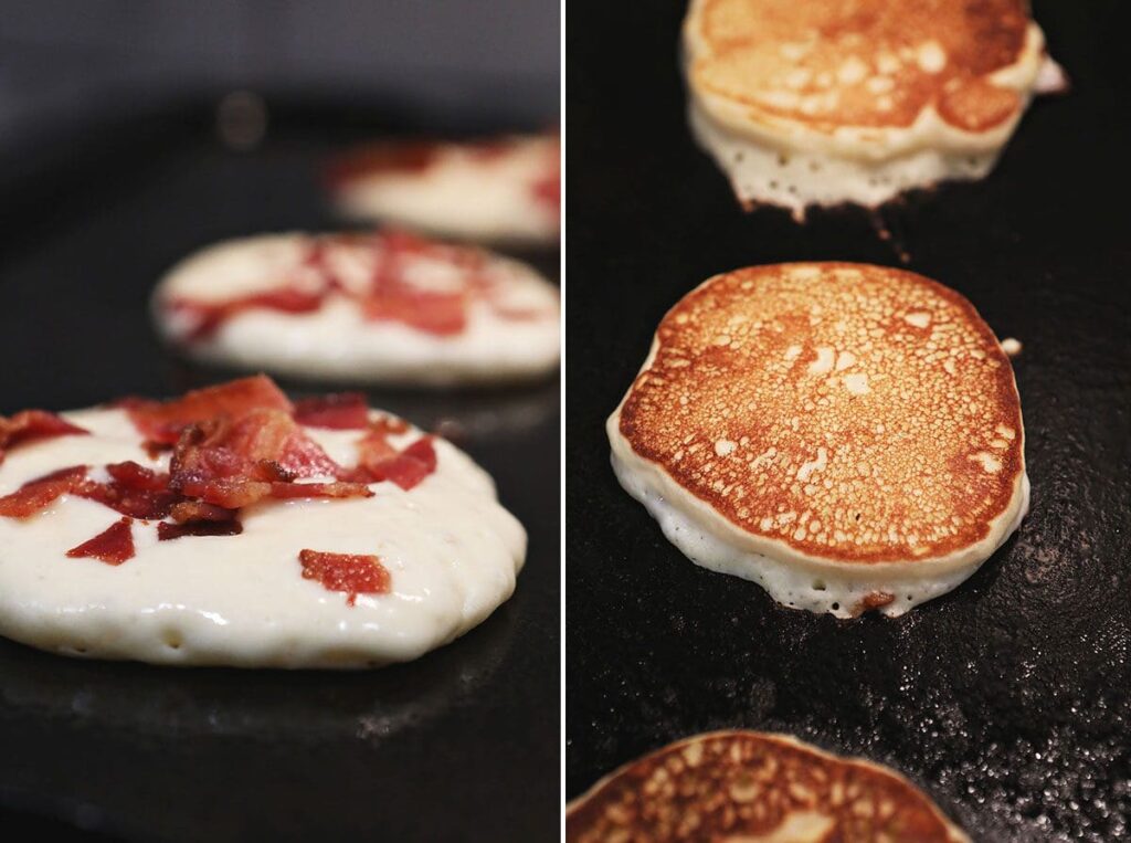 Collage showing how to cook bacon pancakes on a griddle