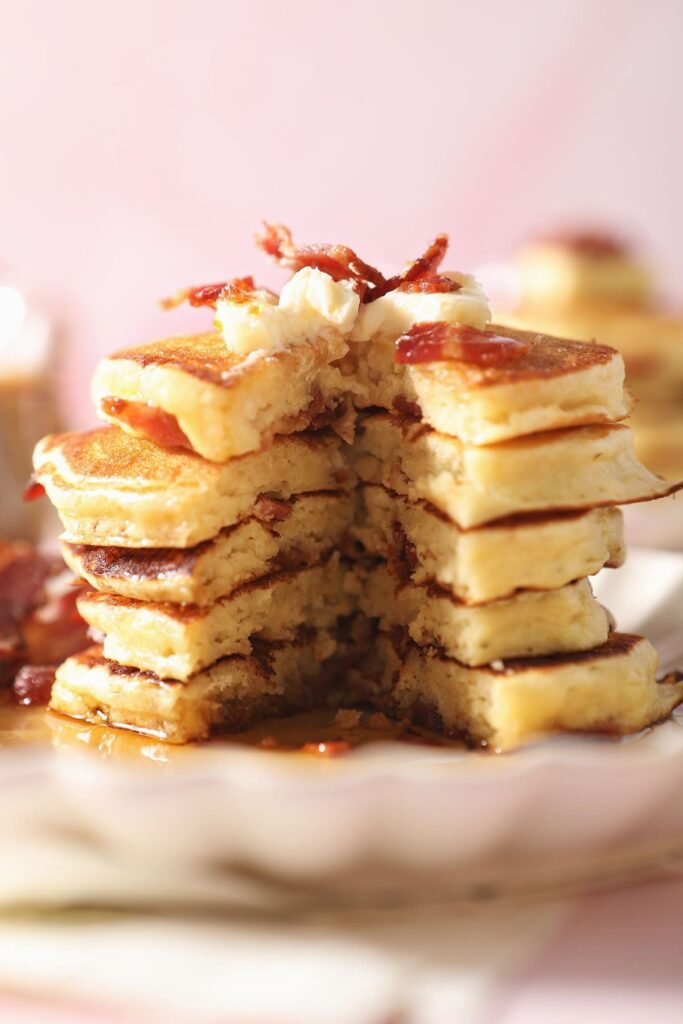 Close up of a sliced stack of pancakes