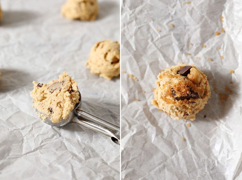 Collage showing how to scoop and sprinkle sugar onto the cookies before baking