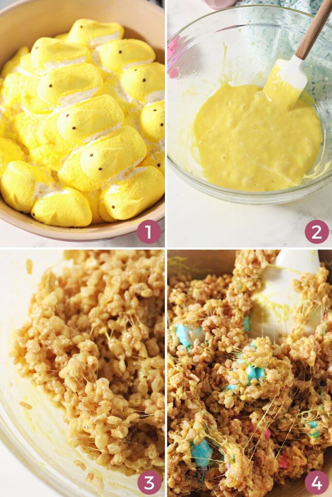 Collage showing how to make Easter Rice Krispie Treats with Peeps marshmallows