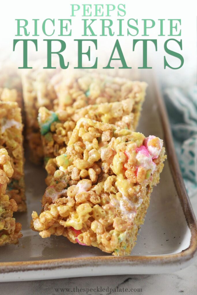 Yellow, blue and pink rice krispie treats on a platter with the text peeps rice krispie treats